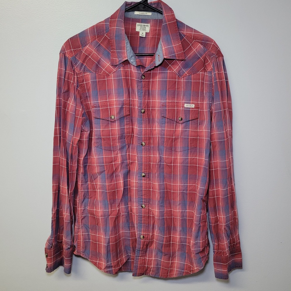 Lucky Brand‎ Mens Red Blue Plaid Western Snap Shirt Classic Fit Medium